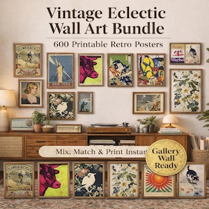 May include: A display of framed vintage wall art prints. The prints showcase retro posters with diverse designs, such as a bicycle advert, a pink cow, and floral and abstract art. The text "Vintage Eclectic Wall Art Bundle" is at the top.