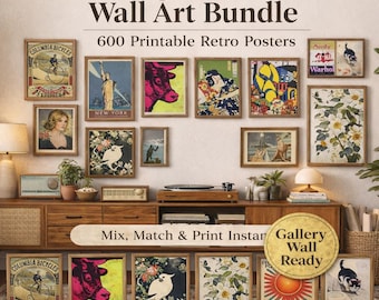 600 Vintage Retro Posters Bundle, Vintage Wall Art Prints Gift, Retro Wall Collage, Bedroom Decor Printable Posters Retro Aesthetic Download