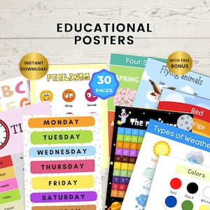 Carteles educativos para niños / 30 carteles coloridos / Recursos educativos, Recursos para la educación en el hogar, Alfabeto, Números, Formas, Decoración del aula