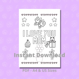 Folha de colorir para impressão de criança para mãe Presente de lembrança Presente de dia das mães, eu te amo, mãe - Download instantâneo, tamanhos de carta A4 dos EUA