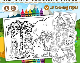 Páginas para colorir de acampamento para imprimir, atividades de acampamento para crianças, jogos de verão, download de bônus, planejador infantil