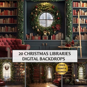 Könnte beinhalten: Ein digitales Hintergrundbild mit einer Weihnachtsbibliothek. Das Bild zeigt einen roten Sessel, Bücherregale voller Bücher und einen großen Kranz. Der Text "20 CHRISTMAS LIBRARIES DIGITAL BACKDROPS" ist zu sehen.