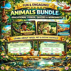 May include: A vibrant digital illustration advertising an animal-themed educational bundle. The image shows the text "FUN & ENGAGING! ANIMALS BUNDLE" and displays educational videos, quizzes, and worksheets. The bundle includes content about wild, pet, and ocean animals.