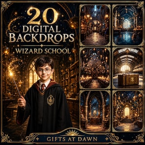 May include: A collection of 20 digital backdrops featuring a wizard school theme. The image displays a young person in a black robe holding a glowing wand, alongside six smaller panels showing various interior scenes of a magical library and hall.