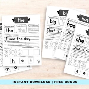 May include: Black and white printable worksheets for kids to practice reading and writing the words "am", "the", "big", "has", "she", and "dog". The worksheets include activities such as reading the word, coloring the word, tracing the word, reading the sentence, and tracing the sentence.