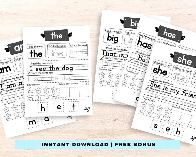 May include: Black and white printable worksheets for kids to practice reading and writing the words "am", "the", "big", "has", "she", and "dog". The worksheets include activities such as reading the word, coloring the word, tracing the word, reading the sentence, and tracing the sentence.