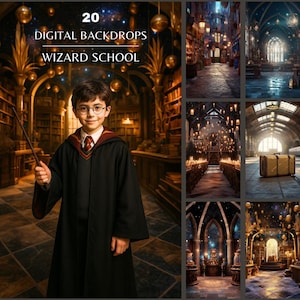 May include: A composite image featuring a young person in a wizard's robe holding a wand, with the text "20 DIGITAL BACKDROPS WIZARD SCHOOL." The image includes several digital backgrounds depicting scenes from a wizarding school, such as libraries and hallways.