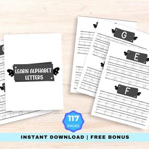 May include: Black and white printable alphabet tracing worksheets with butterfly accents. The worksheets feature the letters E, F, and G. The title of the worksheets is "Learn Alphabet Letters".