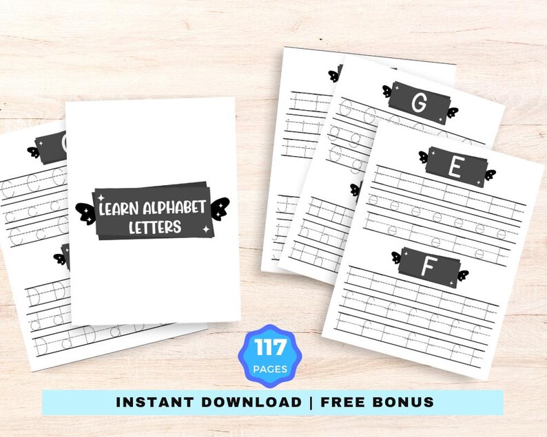 May include: Black and white printable alphabet tracing worksheets with butterfly accents. The worksheets feature the letters E, F, and G. The title of the worksheets is "Learn Alphabet Letters".