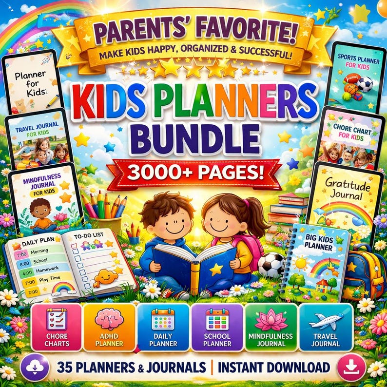 May include: A digital kids planners bundle featuring 3000+ pages across 35 planners and journals. The graphic displays various covers including a travel journal, chore chart, and gratitude journal, with illustrations of children reading a book.