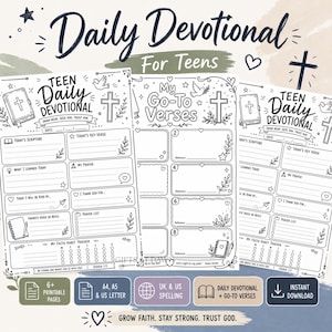 May include: A set of printable daily devotional pages for teens featuring black and white line art. The sheets include sections for scripture, prayer, and habit tracking, with headers like Teen Daily Devotional and My Go-To Verses. Includes icons of a bible, cross, and dove.