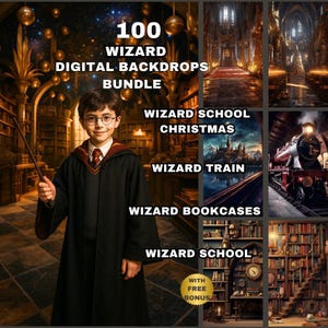 Könnte beinhalten: Ein digitales Kunstpaket mit 100 Hintergründen zum Thema Zauberer. Das Bild zeigt eine junge Person in einem Zauberergewand sowie Szenen einer Zauberschule, Weihnachten, eines Zuges und Bücherregalen. Der Text enthält "Wizard Digital Backdrops Bundle."