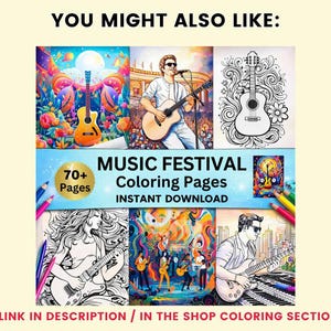 May include: A collection of music-themed coloring pages. The image features illustrations of guitars, musicians, and musical scenes. Text includes "MUSIC FESTIVAL Coloring Pages" and "INSTANT DOWNLOAD".