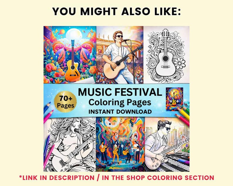 May include: A collection of music-themed coloring pages. The image features illustrations of guitars, musicians, and musical scenes. Text includes "MUSIC FESTIVAL Coloring Pages" and "INSTANT DOWNLOAD".