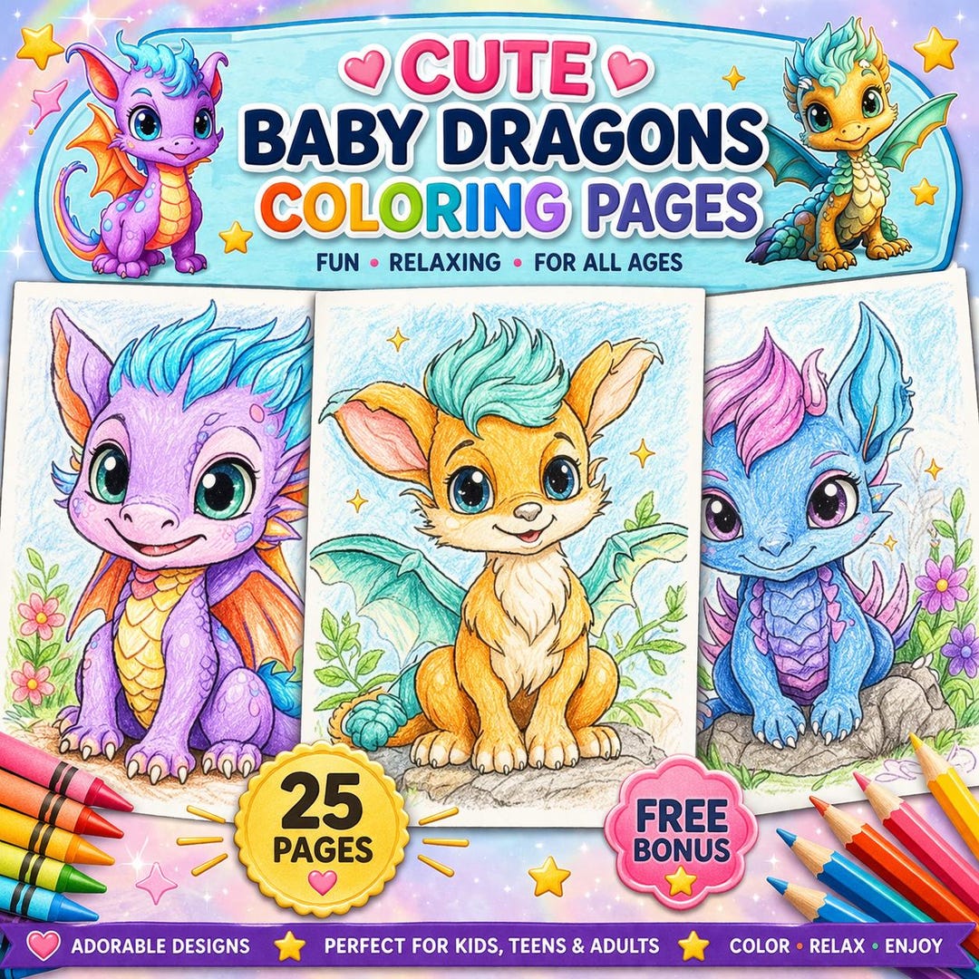 Baby Dragons Coloring Pages Bundle, 25 Printable Colouring Pages for ...