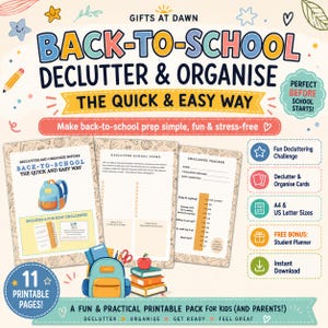 Pode incluir: Um guia imprimível para organizar e destralhar o regresso às aulas com onze páginas. O documento inclui um rastreador de desafios, listas de verificação de material escolar e uma ilustração de mochila. Texto: 'Back-to-School'.