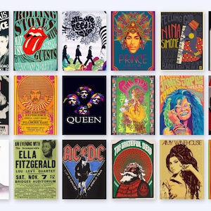 May include: Collection of vintage concert posters featuring iconic musicians and bands. Posters include The Rolling Stones, Prince, Nina Simone, Jimi Hendrix, Queen, The Grateful Dead, and Amy Winehouse. Bold colors and retro designs.