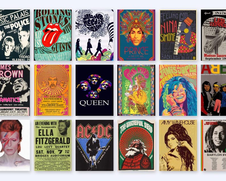 May include: Collection of vintage concert posters featuring iconic musicians and bands. Posters include The Rolling Stones, Prince, Nina Simone, Jimi Hendrix, Queen, The Grateful Dead, and Amy Winehouse. Bold colors and retro designs.