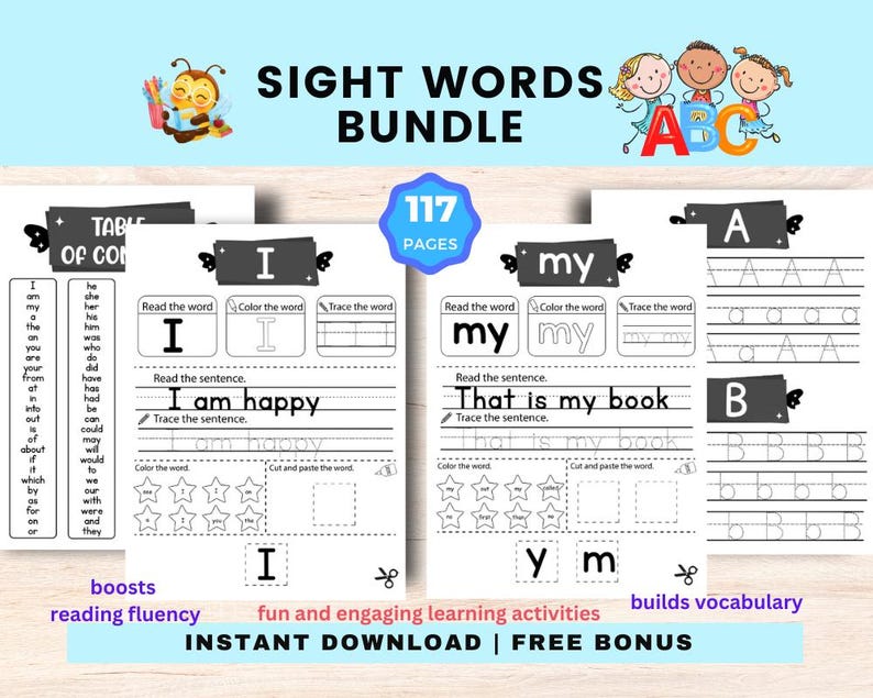May include: Black and white printable worksheets for learning sight words and tracing letters. The worksheets include the words "I", "my", and "am" and the letters "A" and "B". The title of the worksheet is "Sight Words Bundle" and the number of pages is "117".