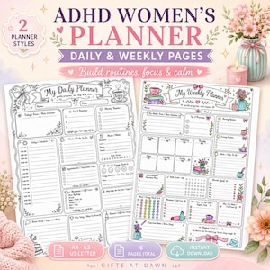 Women ADHD Planner Printable, Daily Weekly Planner Pages,  ADD Autism Friendly, Neurodivergent, A4 A5 US Letter, Coloring Planner