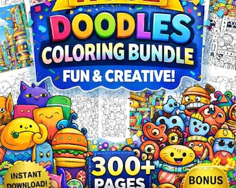 Doodle Coloring Bundle Pack, 300+ Printable Coloring Pages for Children Teens Adults, Monster Colouring Christmas Doodles Download