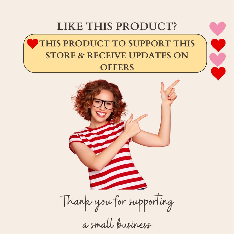 May include: A graphic featuring a person with curly hair and glasses wearing a red and white striped t-shirt. Text reads: LIKE THIS PRODUCT? HEART THIS PRODUCT TO SUPPORT THIS STORE & RECEIVE UPDATES ON OFFERS. Thank you for supporting a small business.