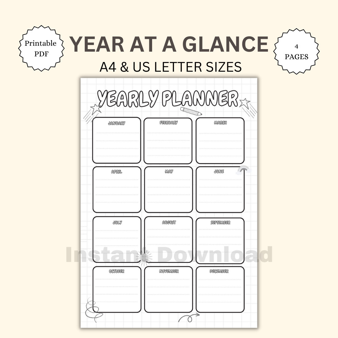 Printable Kids Calendar Year at A Glance, Yearly Calendar to Colour ...
