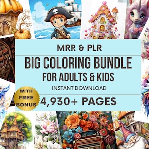Może przedstawiać: Wyświetlany jest zbiór kolorowych ilustracji, w tym pirat, jednorożec i lew. Widoczny jest tekst "BIG COLORING BUNDLE FOR ADULTS & KIDS", a także "4,930+ PAGES" i "INSTANT DOWNLOAD". Złota pieczęć głosi "WITH FREE BONUS".