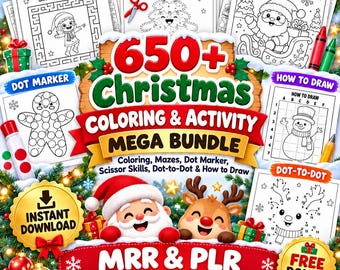 May include: A 650+ Christmas colouring and activity mega bundle featuring various activity sheets including mazes, scissor skills, colouring pages, dot markers, how to draw, and dot-to-dot. The design includes illustrations of Santa Claus and a reindeer.