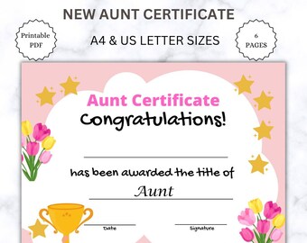 New Aunt Certificate Printable, Auntie Keepsake, Tia Gift, New Aunt Wall Art, New Baby Arrival, Instant Download,