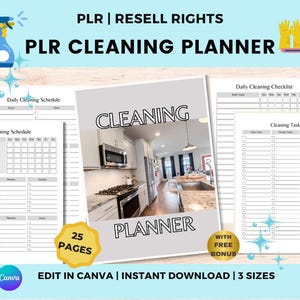 Editable Cleaning Planner PLR MRR Canva Template, Cleaning Checklists Daily Weekly Monthly Cleaning Schedule Home Management Download Bonus