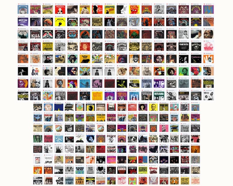 May include: A collection of album covers featuring various artists and bands. The covers display a variety of colors, designs, and artistic styles, showcasing diverse music genres. The image is a grid of square album art, perfect for music enthusiasts.