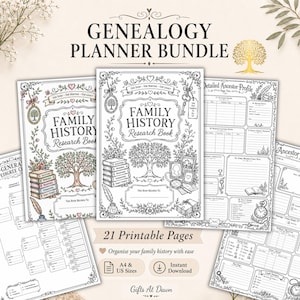Genealogy Planner Printable, Family History Workbook, Ancestor Profile, Family Tree Research Log, Coloring Planner, A4 US Letter,  Download