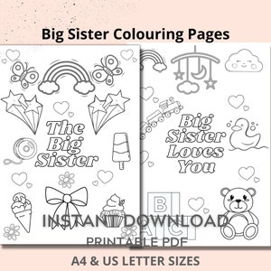 Big Sister Colouring Pages, Set of 2 Printable Sheets for children, New Baby Sibling Keepsake Gift, Coloring page, Instant Download,