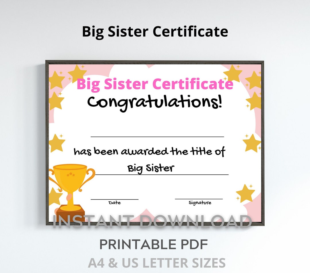Printable Big Sister Gift Big Sister Certificate New Sibling - Etsy