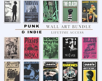 May include: A collection of framed punk and indie rock band posters. The posters feature bands like The Cure, Nirvana, Pixies, The Clash, and Sonic Youth. Text includes "PUNK & INDIE WALL ART BUNDLE LIFETIME ACCESS".