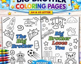 Big Brother Colouring Pages, Set of 2 Printable Sheets for children, New Baby Sibling Keepsake Gift, Coloring pages, Instant Download,