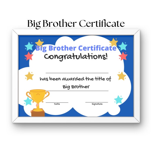 Big Brother Gift Printable Big Brother Certificate, New Sibling gift, Boys Dark Blue Wall Art, Instant Download, Children's Home Decor