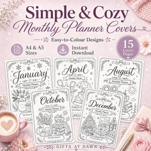 Puede incluir: Un conjunto de portadas de planificador mensual imprimibles con diseños de arte lineal en blanco y negro para colorear. El texto incluye Simple & Cozy Monthly Planner Covers, Easy-to-Colour Designs, 15 Cover Pages, A4 & A5 Sizes y los meses.