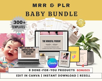 May include: A digital product bundle for new parents, featuring 300+ templates, 8 done-for-you products, and 4 bonuses. The bundle includes a survival guide for expectant fathers, a mindful parenting guide, a newborn planner, and a pregnancy journal. The products are editable in Canva and can be instantly downloaded and resold.