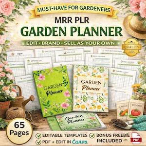 May include: A garden planner with a green cover featuring pink flowers and the text "Garden Planner." The image includes gardening elements like seed packets, a watering can, and a straw hat. The planner has 65 pages.