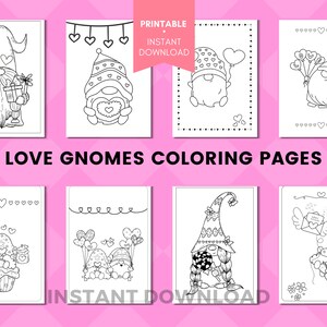 Valentine&#39;s Love Gnomes Colouring Pages Bundle, 8 Gnome Coloring Pages for children and adults, Printables for Kids, School Activity, A4 US,