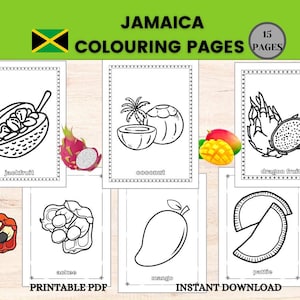 Jamaica Colouring Pages Bundle, 15 Caribbean Food Coloring Pages Jamaica Fruits Veg Flag Instant Download for Kids Black History Month