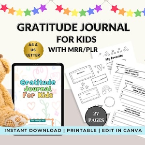 Diario de gratitud editable para niños, con derechos de autor, derechos de reventa, diario de atención plena, descarga instantánea, mentalidad, tamaño A4, tamaño carta (EE. UU.)