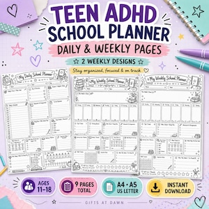 Könnte beinhalten: Ein digitales Schulplaner-Set für Teenager mit ADHS, mit täglichen und wöchentlichen Seitenvorlagen in Schwarz-Weiß. Der Text umfasst TEEN ADHD SCHOOL PLANNER, DAILY & WEEKLY PAGES, 2 WEEKLY DESIGNS, AGES 11-18, 9 PAGES TOTAL, A4, A5, US LETTER und INSTANT DOWNLOAD.