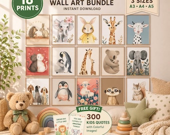 Cute Animal Nursery Decor, Kids Wall Art Bundle (Digital Download)