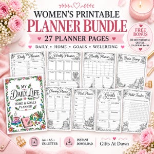 May include: A printable planner bundle featuring 27 pages with black and white floral designs. Includes a cover page titled My Daily Life Home & Goals Planner, plus daily, weekly, monthly, cleaning, meal, goals, and habit tracker sheets in A4, A5, and US Letter sizes.