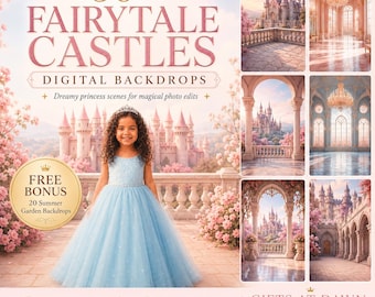 Può includere: Una collezione digitale di 30+ sfondi di castelli fiabeschi con un bambino in un abito azzurro, vari interni di palazzi e viste esterne. Il testo recita 30+ FAIRYTALE CASTLES DIGITAL BACKDROPS, FREE BONUS 20 Summer Garden Backdrops.