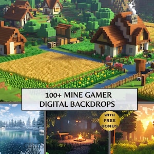 Puede incluir: Imagen de fondo digital que presenta una escena de pueblo pixelada con casas, campos y un río. La imagen incluye el texto "100+ MINE GAMER DIGITAL BACKDROPS" y escenas adicionales con un paisaje invernal, una fogata y un bosque.
