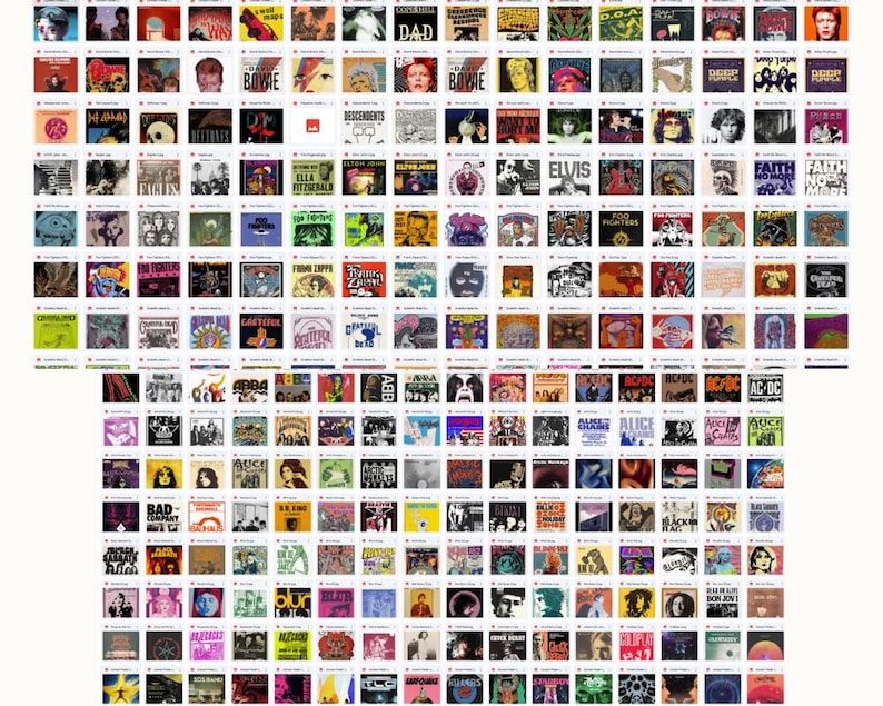 May include: A collection of album covers, featuring various artists and bands. The covers display a range of colors, styles, and designs, including portraits, illustrations, and text. The albums span different genres and eras of music.